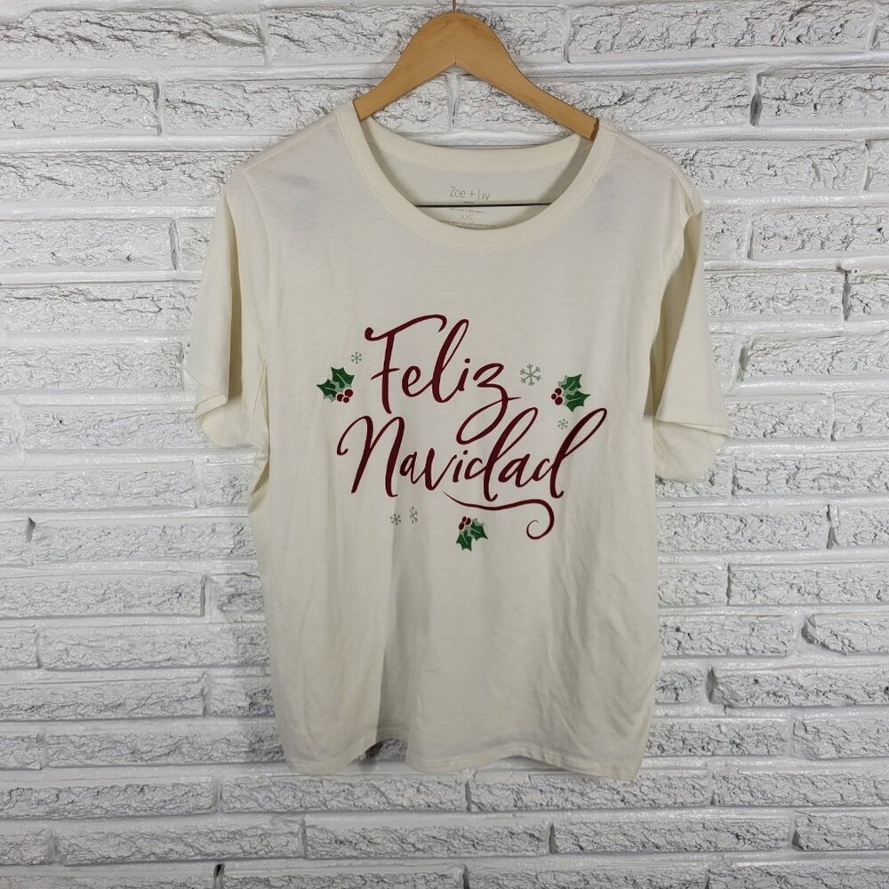 Zoe + Liv Women's XXL Plus White Christmas T-Shirt Cotton Blend Short NOV73E